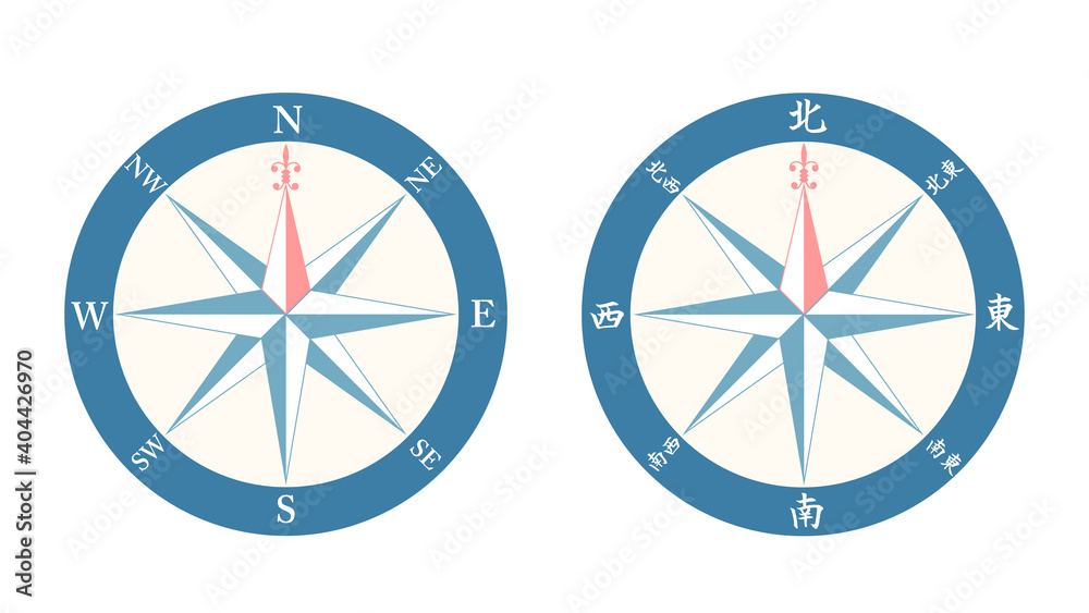 wind rose compass icons set in English and in Japanese, Chinese, vector illustration wind rose compass icons set in English and in Japanese, Chinese, vector illustration