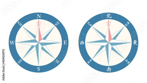 wind rose compass icons set in English and in Japanese, Chinese, vector illustration