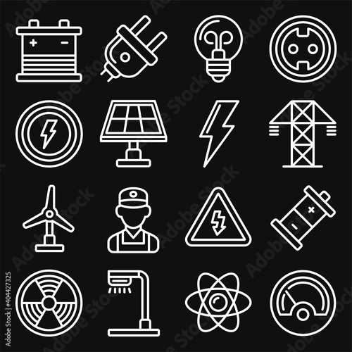 Energy Electricity Icons Set on Black Background. Line Style Vector photo