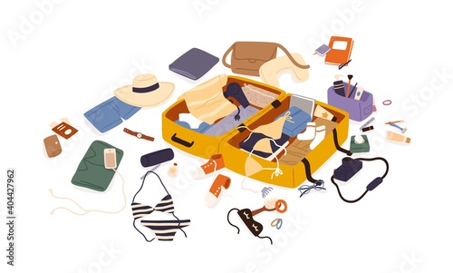 Open suitcase with scattered female travel accessories, clothes and documents vector flat illustration. Composition of preparation to trip or summer vacation isolated. Luggage or baggage packing