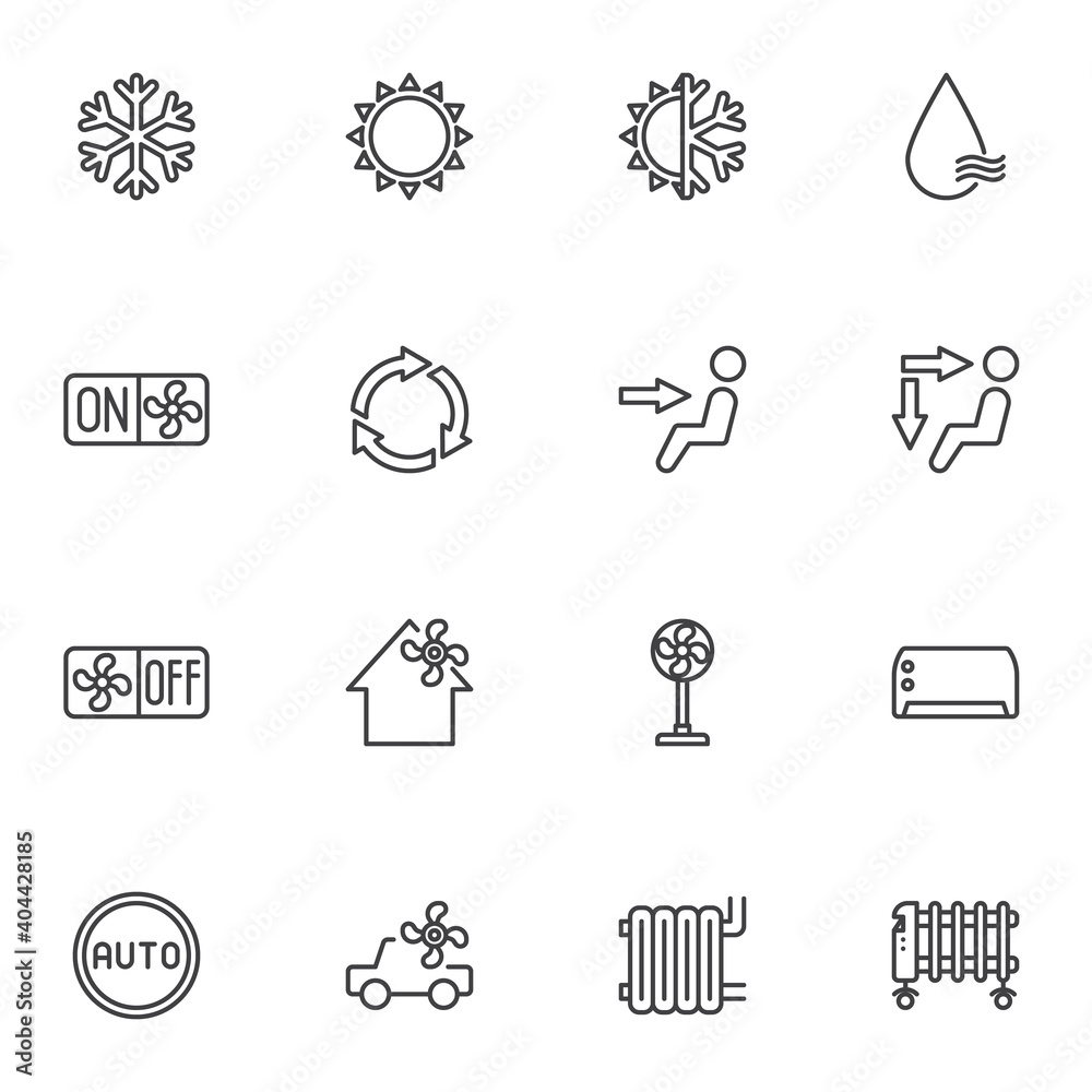 Air conditioning system line icons set, outline vector symbol collection, linear style pictogram