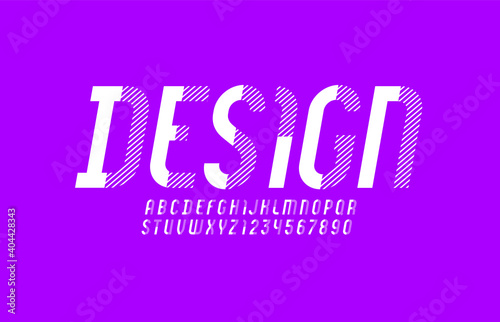 White striped font, trendy alphabet, modern uppercase italic letters and numbers, vector illustration 10EPS