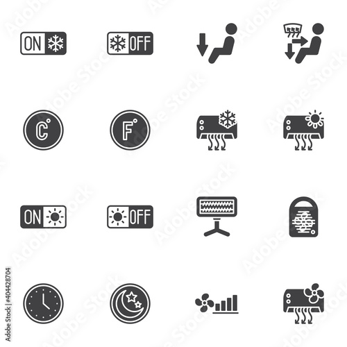 Cooling and heating system vector icons set, modern solid symbol collection, filled style pictogram pack. Signs, logo illustration. Set includes icons as electric heater, air conditioning control