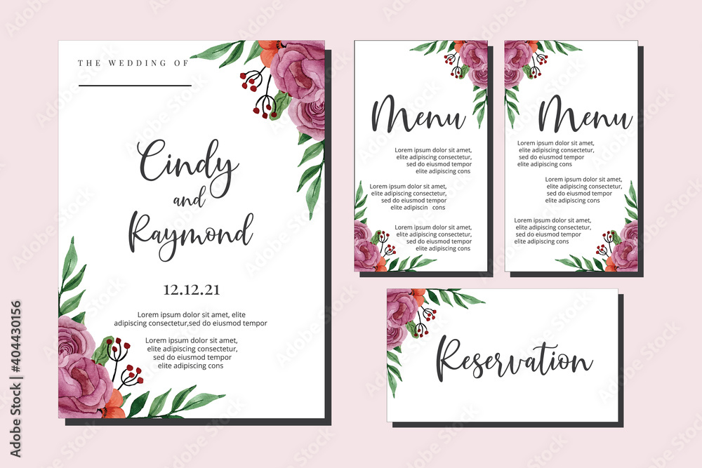 Obraz premium Wedding invitation frame set, floral watercolor hand drawn Rose Flower design Invitation Card Template