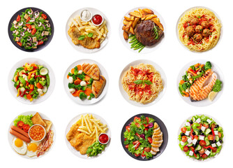 various plates of food isolated on a white background, top view