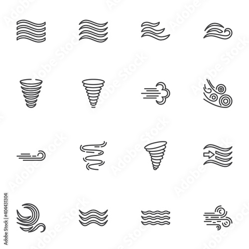 Weather wind line icons set, outline vector symbol collection, linear style pictogram pack. Signs, logo illustration. Set includes icons as meteorology, wind blow, hurricane tornado, fresh air waves