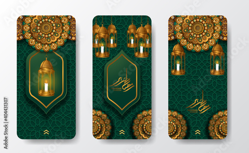 social media stories template elegant luxury mandala islamic pattern with green and golden color with lantern and calligraphy or ramadan kareem