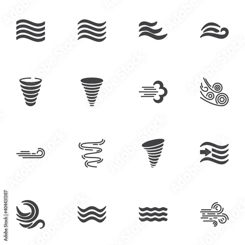 Weather wind vector icons set, modern solid symbol collection, filled style pictogram pack. Signs, logo illustration. Set includes icons as meteorology, wind blow, hurricane tornado, fresh air waves