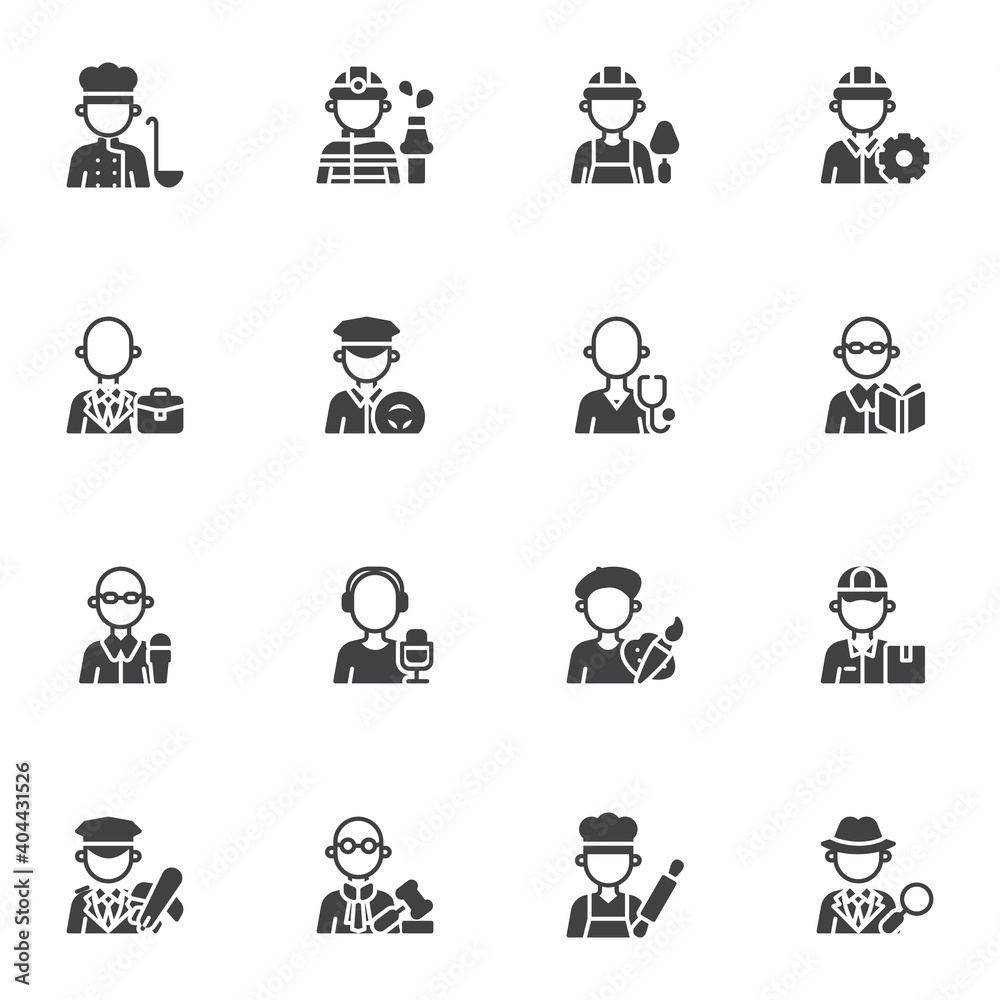 © alekseyvanin - People profession vector icons set, modern solid symbol collection, filled style pictogram pack. Signs, logo illustration. Set includes icons as men and women people workers, professional work uniform © alekseyvanin - People profession vector icons set, modern solid symbol collection, filled style pictogram pack. Signs, logo illustration. Set includes icons as men and women people workers, professional work uniform
