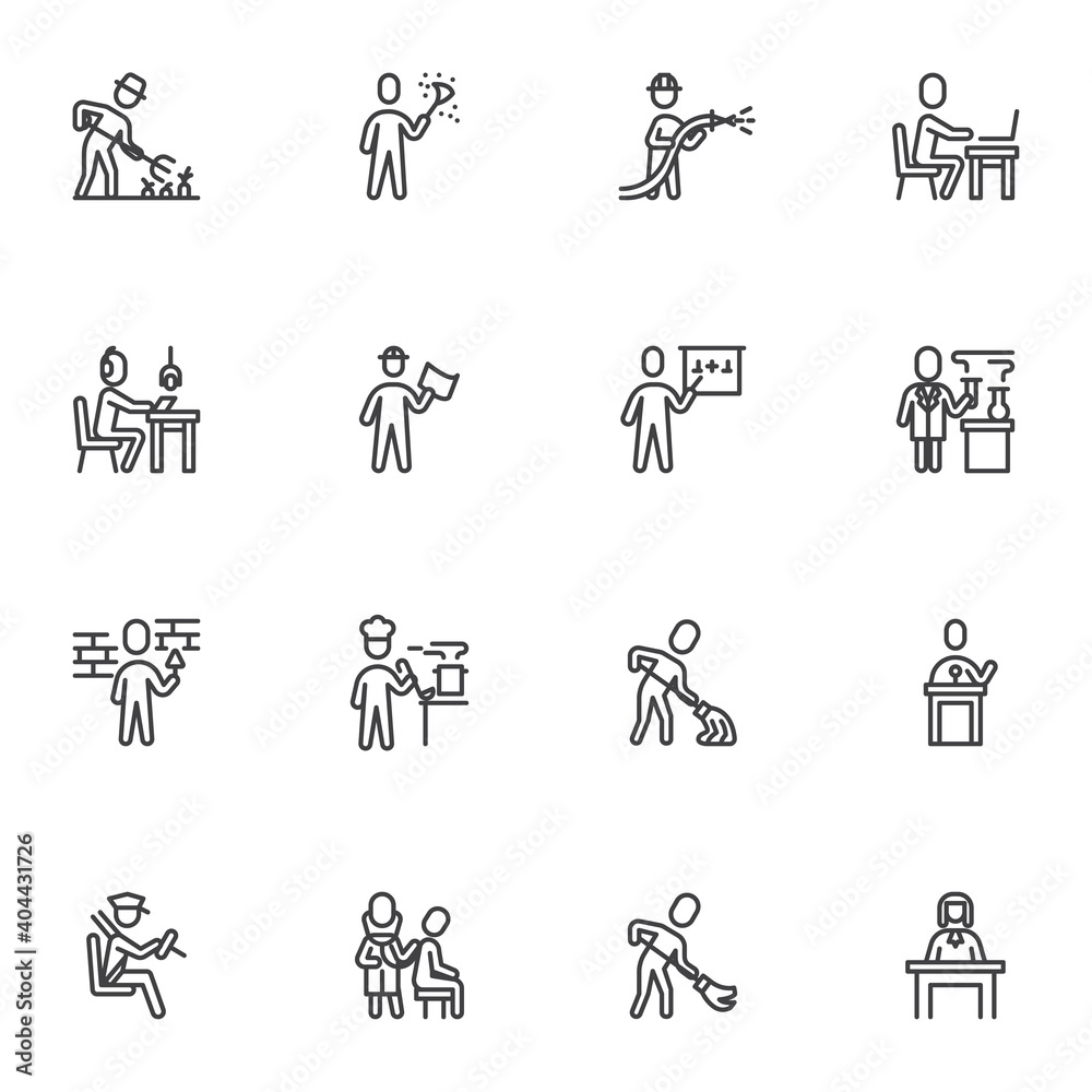 Working people line icons set, outline vector symbol collection, linear style pictogram pack. Signs, logo illustration. Set includes icons as people professions, farmer, office worker, doctor, lawyer Working people line icons set, outline vector symbol collection, linear style pictogram pack. Signs, logo illustration. Set includes icons as people professions, farmer, office worker, doctor, lawyer