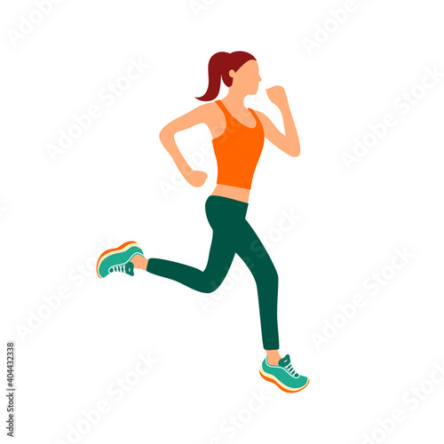 Running woman in flat design on white background. Exercise for good health. Marathon runner.