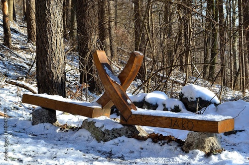 original forest bench in winter landscape on the slopes of White Mountain, January 2021, Stramberk, North Moravia, Czech Republic photo