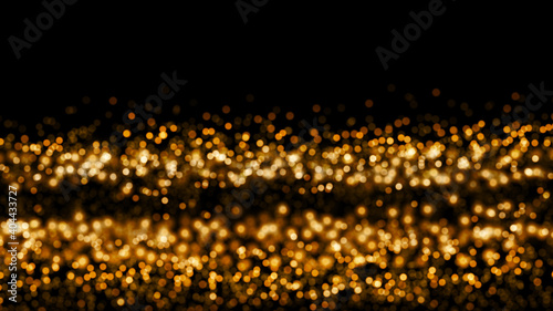Abstract luxury background with golden glitter lights. Glowing particles on dark. Glittering effect.  