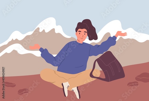 Happy woman or hiker with backpack sitting on the background of the mountain landscape. Traveling and hiking alone. Young female tourist or backpacker enjoying resting. Flat vector illustraton