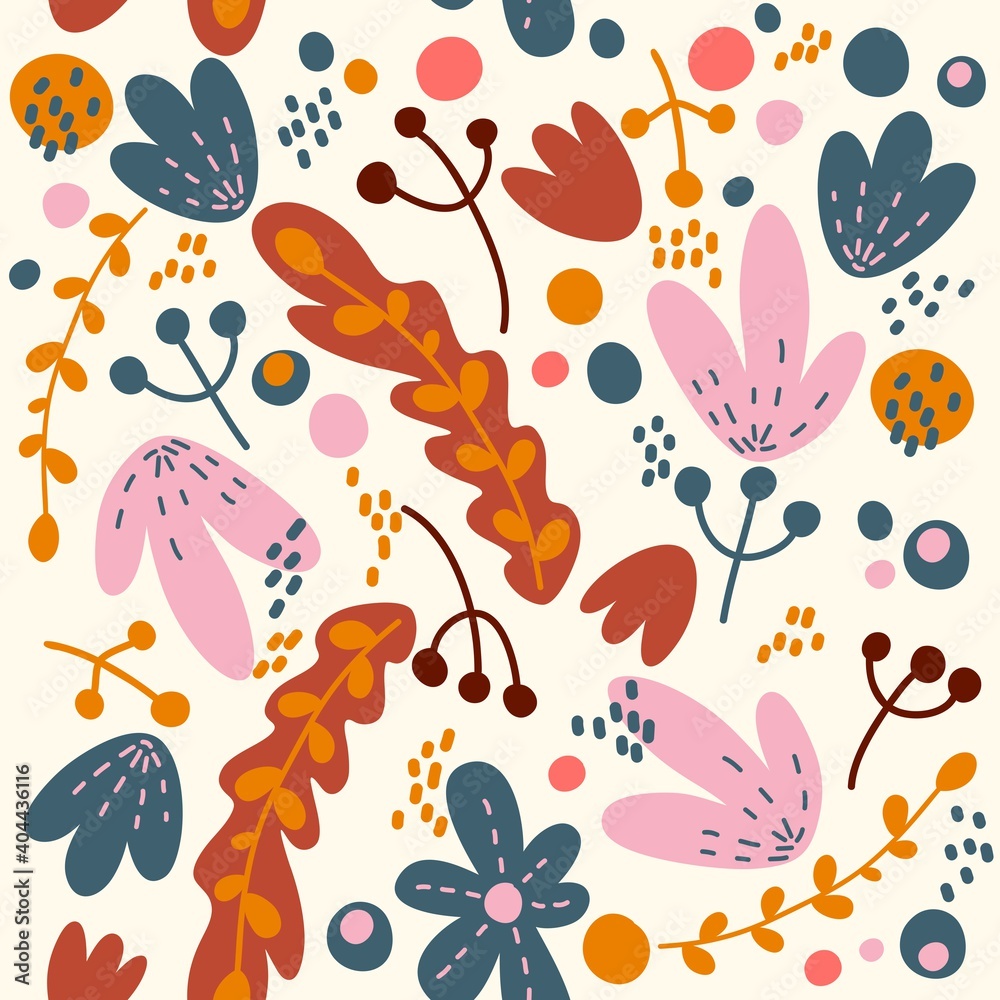 Bright stylized flowers, herbs and plants, seamless botanical pattern Bright stylized flowers, herbs and plants, seamless botanical pattern