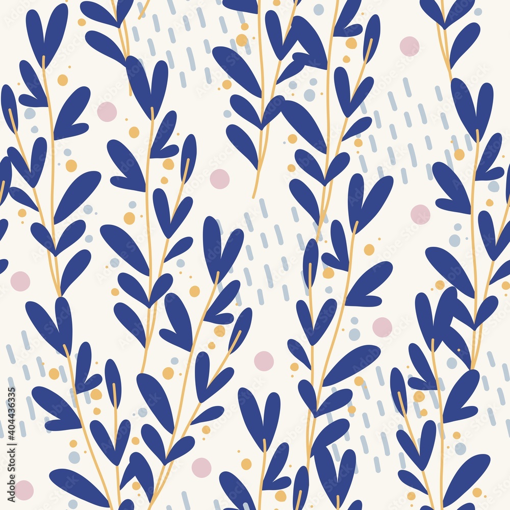 Seamless plant pattern, branches, leaves and herbs, botany, ideal for drawing on fabric or interior decoration