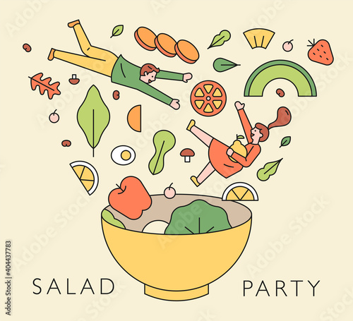 Food concept illustration. A man and a woman are falling with vegetables into a large bowl.