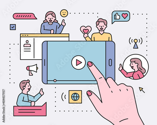 Social network concept illustration. There is a touching hand on a large mobile screen and a follower icon around it.