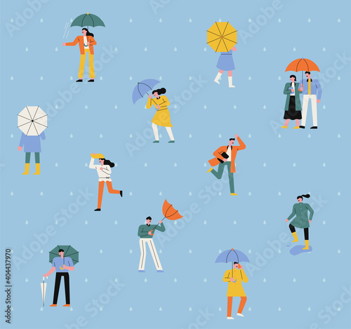rainy day people characters. People walking down the street with umbrellas pattern style design.