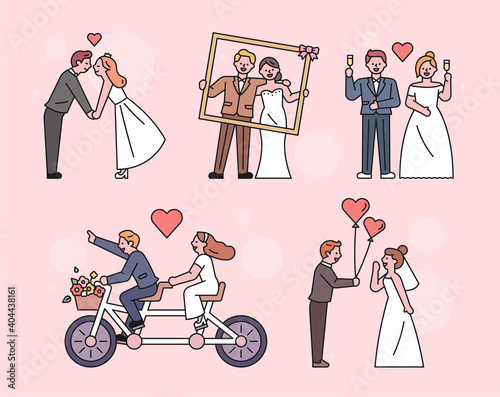 wedding photo couple. The bride and groom characters in wedding dresses are in various poses. 