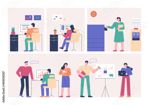 Business people are working in the office. People sitting at desks in multiple rooms and people working in teamwork.