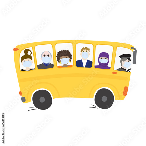 People in medical masks ride the bus. Traveling African American girl, hipster businessman, old man, woman in hijab, cute girl obey the rules of protection from the virus. Colored vector illustration.