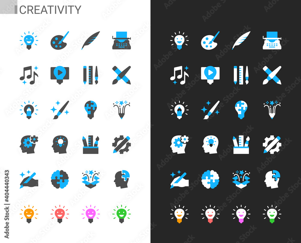 Creativity icons light and dark theme. Pixel perfect. Creativity icons light and dark theme. Pixel perfect.