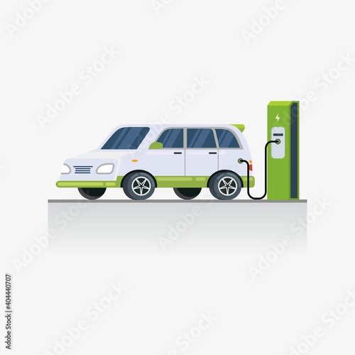 Charging station design concept. Electric vehicle charging technology at parking area vector illustration