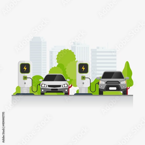 Charging station design concept. Electric vehicle charging technology at parking area vector illustration