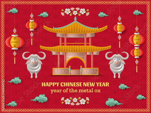 Happy Chinese New Year background with creative white metal ox, hanging lanterns