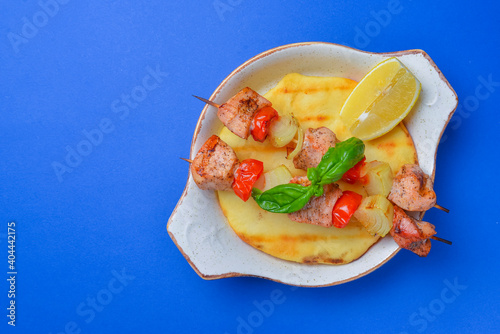 Turkish Kebab with lavash bread on a plate. Delicious dinner concept. photo