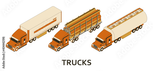 Isometric logging, tank and cargo trucks with cab. Vector illustration