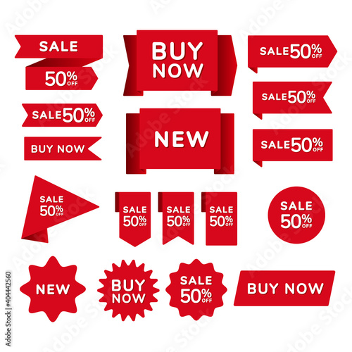 Set of red sale shopping ribbons, badges and banners with the inscription sale, buy now, new. Design elements