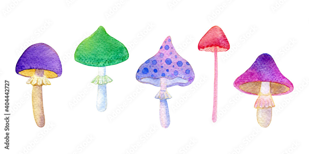 Set of colorful magic mushrooms isolated on a white background. Hand-drawn watercolor illustration Set of colorful magic mushrooms isolated on a white background. Hand-drawn watercolor illustration