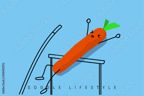 Carrot doing pole vault, jumping across the bar.