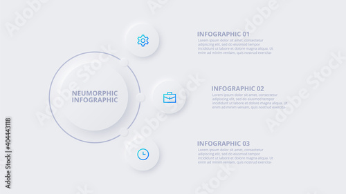 Neumorphic circle elements for infographic. Template for diagram, graph, presentation and chart. Skeuomorph concept with 3 options, parts, steps or processes