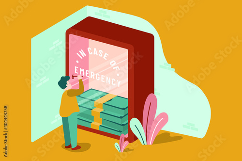Men breaking emergency glass full of money with hammer. indoor plant, stack of money, vector illustration.