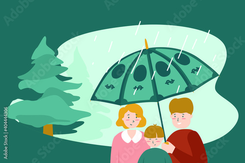 Illustration of family protection under umbrella insurance. Outdoor rain. Vector flat design 