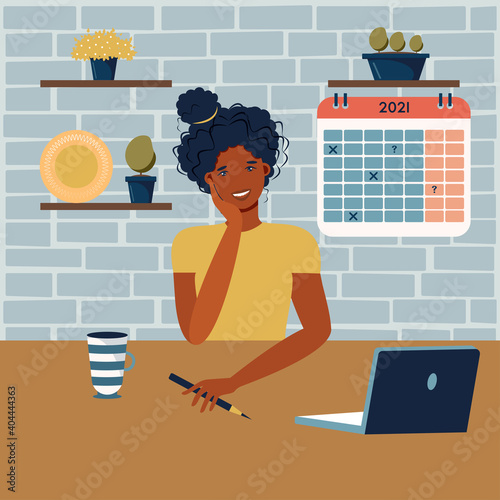 Priorities in work, agenda. Happy woman plans work and sets the task priorities. Concept of task completion, planning, time management. Funny female character in trendy style. Vector illustration.


