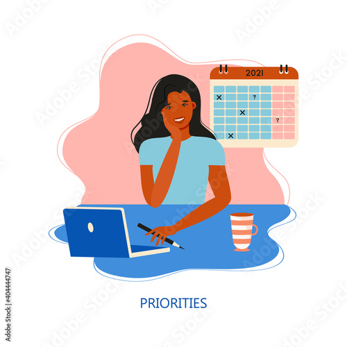 Priorities in work, agenda. Happy woman plans work and sets the task priorities. Concept of task completion, planning, time management. Funny female character in trendy style. Vector illustration.

