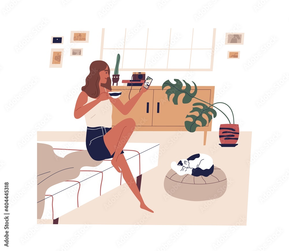Young woman taking photo of cute sleeping cat. Female character using smartphone in cozy bedroom. Scene of everyday life, morning routine, rest at home with pet. Flat vector cartoon illustration - obrazy, fototapety, plakaty 