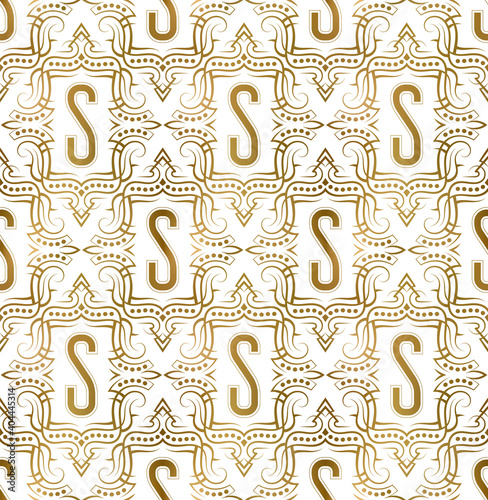 Golden initial seamless pattern with S letter. Heraldic vintage decorative wallpaper, fabric print or wrapping.
