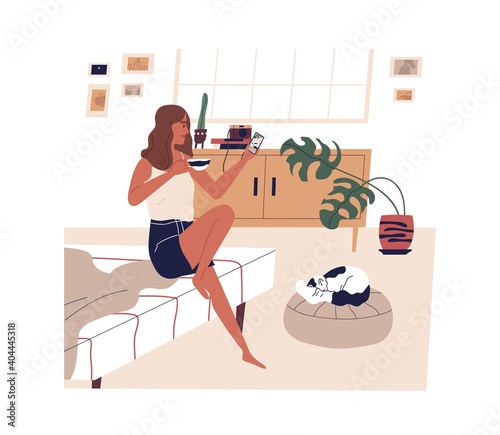Young woman taking photo of cute sleeping cat. Female character using smartphone in cozy bedroom. Scene of everyday life, morning routine, rest at home with pet. Flat vector cartoon illustration