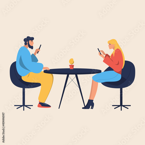 Gadget addiction, friends at dinner dependent on smartphones. young people having lunch together but glued to phone screen, sharing and taking photo, chatting online. Flat Vector illustration