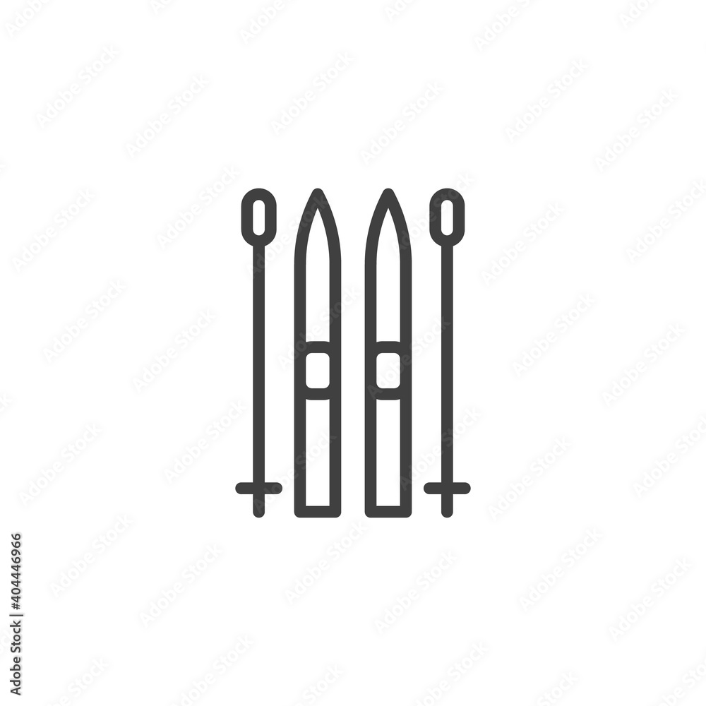 Ski and sticks line icon. linear style sign for mobile concept and web design. Skiing sport outline vector icon. Symbol, logo illustration. Vector graphics Ski and sticks line icon. linear style sign for mobile concept and web design. Skiing sport outline vector icon. Symbol, logo illustration. Vector graphics