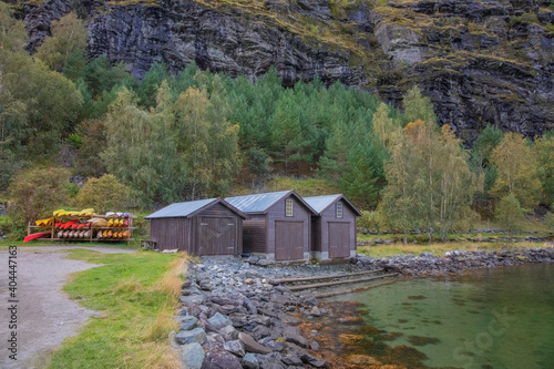 Kayaks and Boat Sheds on the Aurlandsfjord near Flam. South Western Norway.