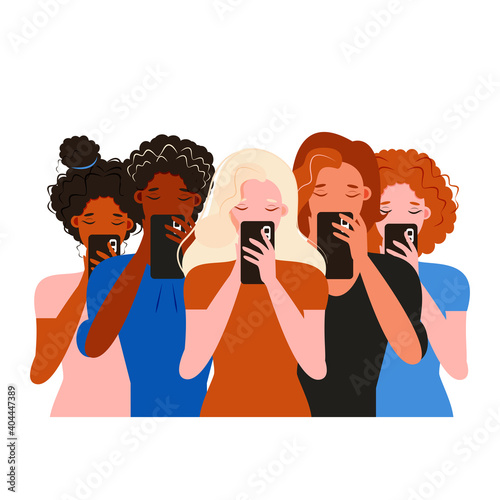 Smartphone internet addiction awareness flat poster with people chatting with virtual friends and checking mails abstract vector illustration

