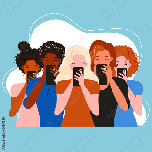 Smartphone internet addiction awareness flat poster with people chatting with virtual friends and checking mails abstract vector illustration

