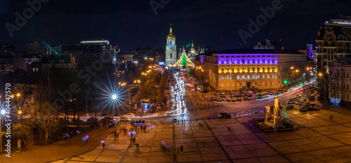 Amazing panoramic view from the bell tower of St. Michael's Golden-Domed Monastery at night light - Kyiv, Ukraine.