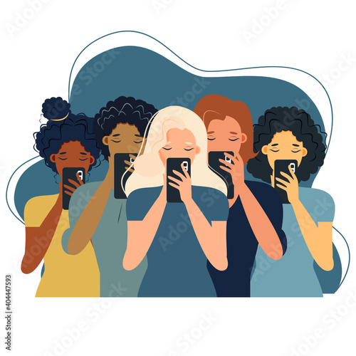 Smartphone internet addiction awareness flat poster with people chatting with virtual friends and checking mails abstract vector illustration


